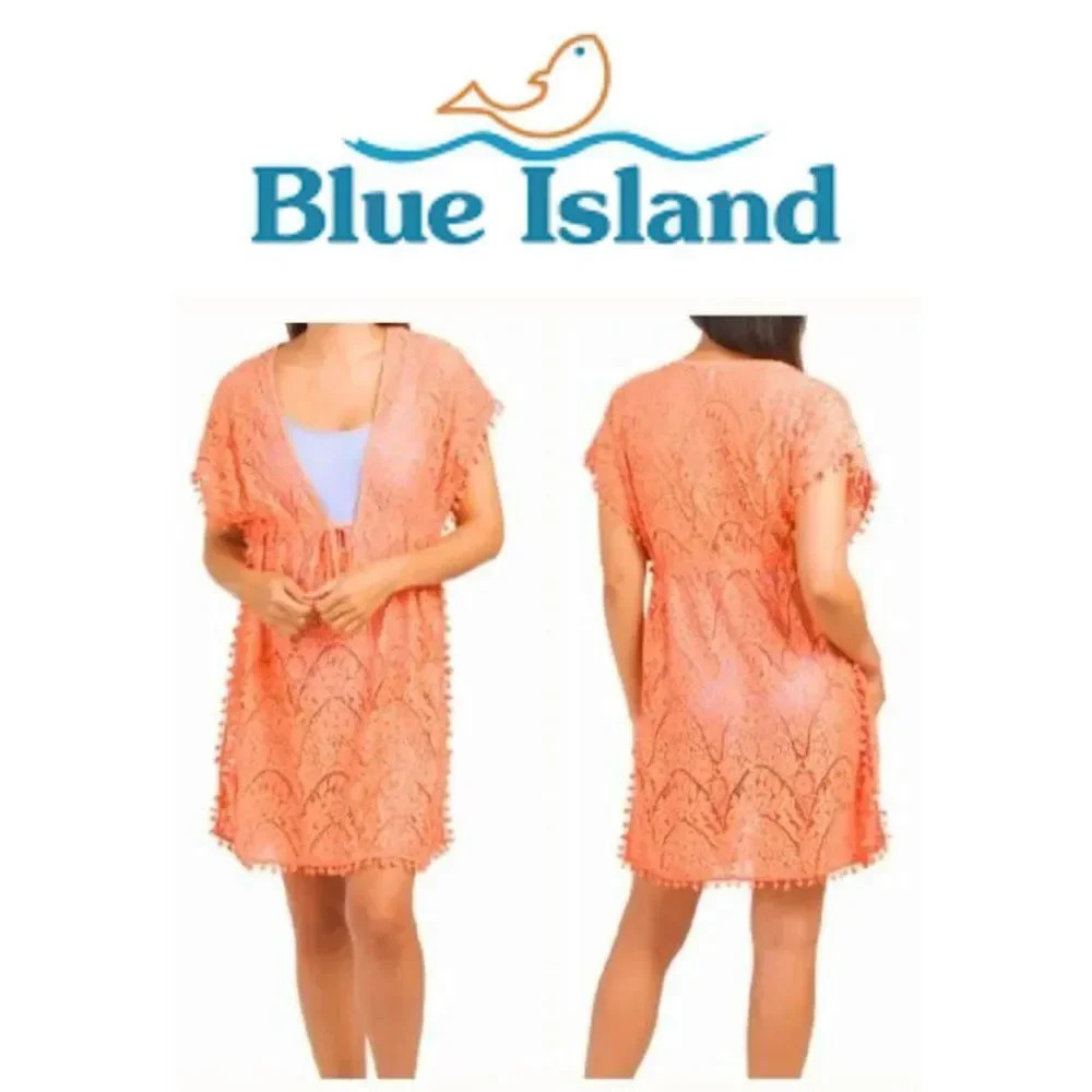 Blue Island Women's Orange Lace Swim bathingsuit Cover-up Kimono Tunic S…